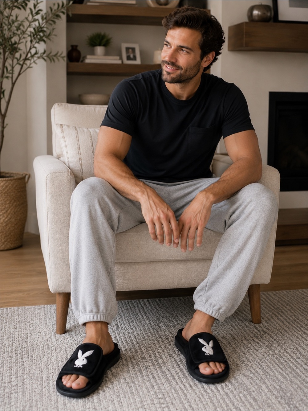 PLAYBOY Men’s Slip On Open Back Black Bunny Head Slide Slippers Memory Foam NEW